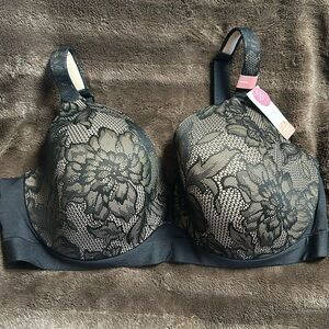 NWT CACIQUE Lightly Lined Full Coverage Black Lace Bra Sz 42 DDD